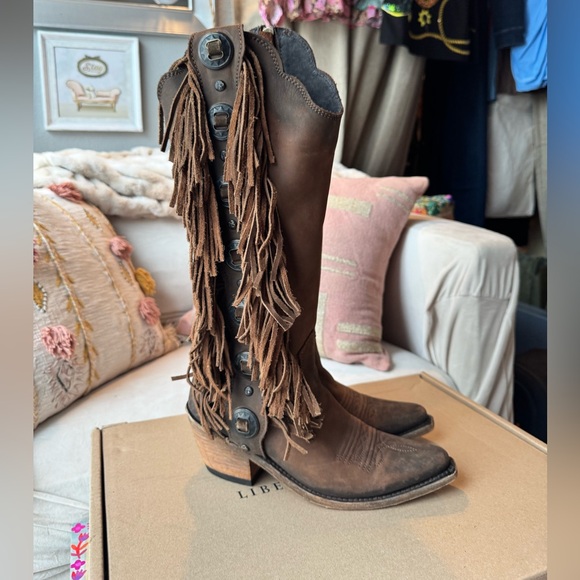 Like New, With Box Liberty Black Brown Fringe Trim Heeled Ophelia Cowboy Boots - Picture 9 of 17